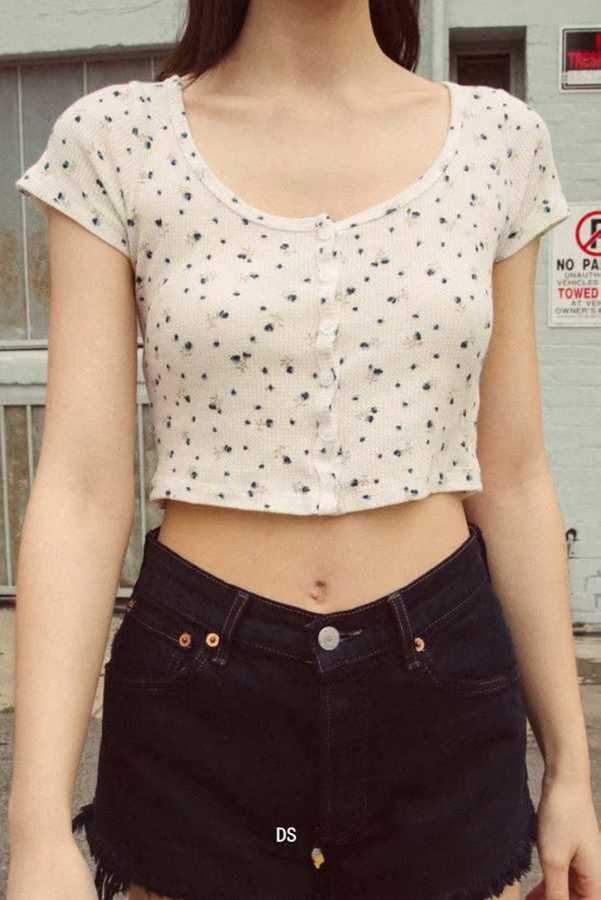 Ribbed Floral Short Sleeve Button Up Crop Top Tee Shirt Souisee 3137