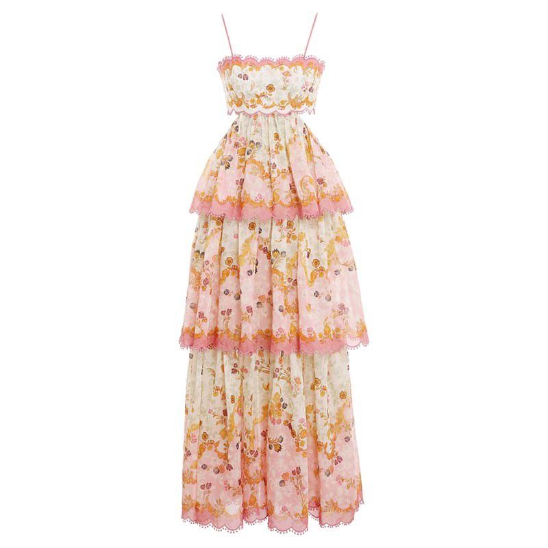 Laurel Blossom Flowers Floral Scalloped Pom Trim Tiered Ruffle Midi Dress