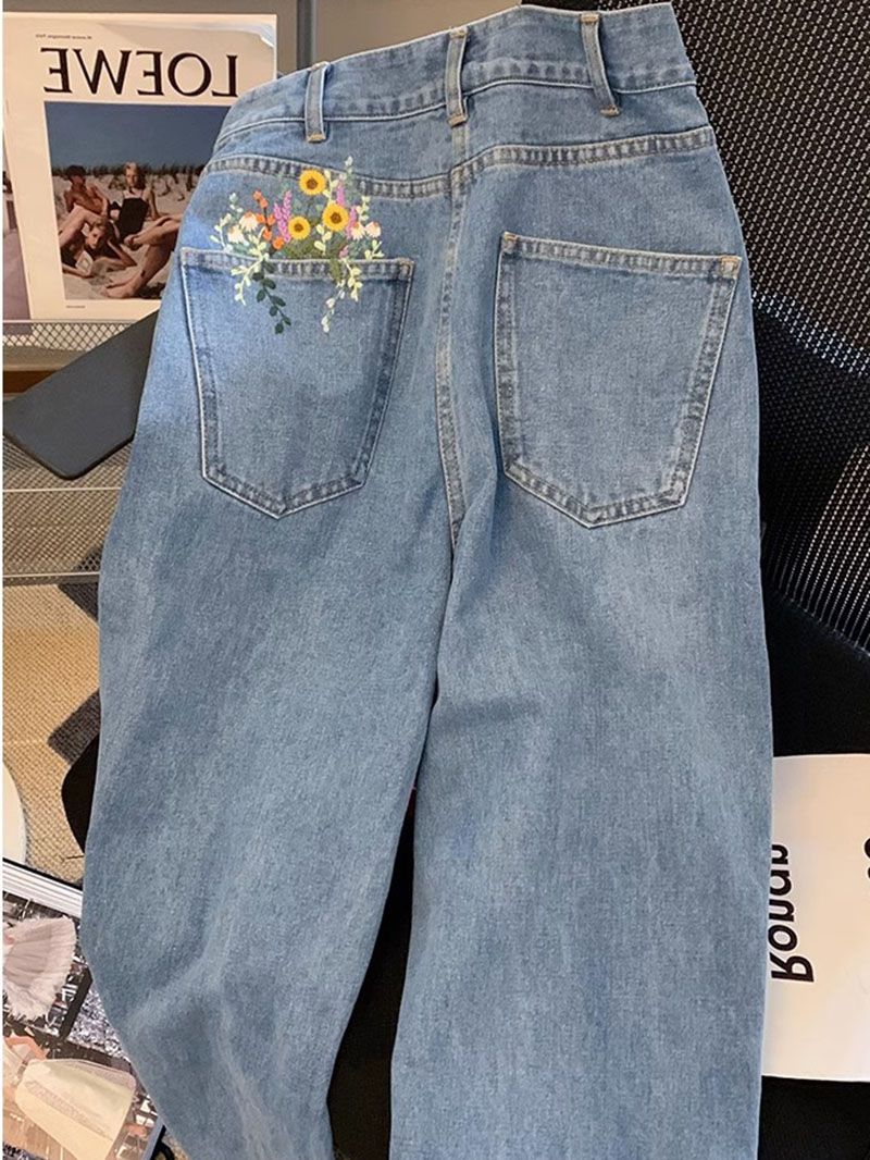 Aesthetic Floral Embroidered Flowers Pocket Jeans Casual Denim Pants