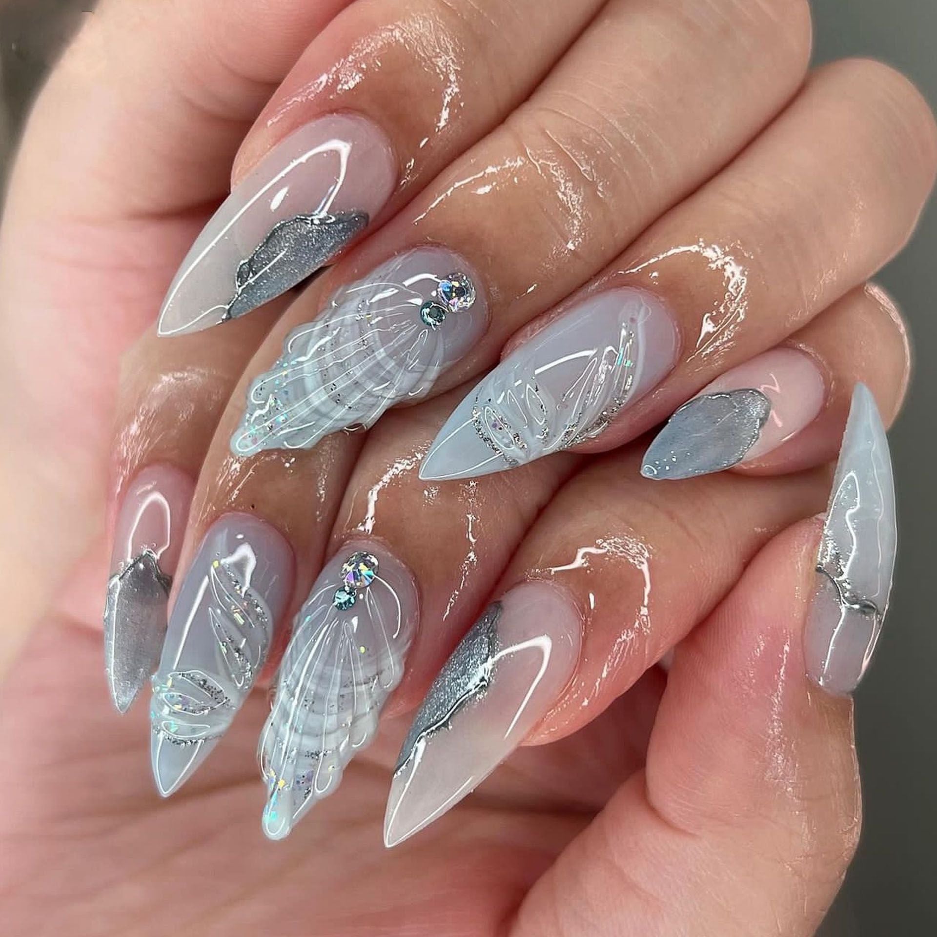 3D Seashell Beach Vacation Pointy Nails