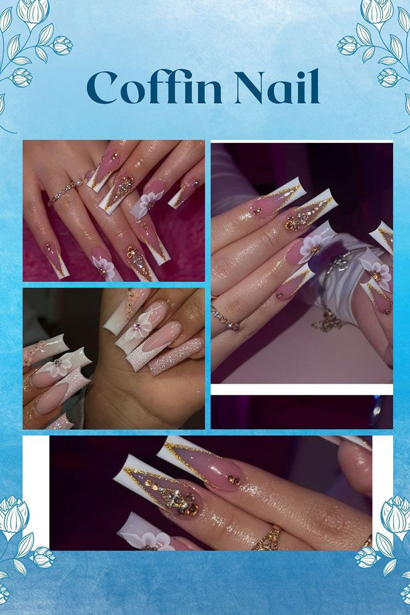 Flower French Tip White Coffin Nails With Design