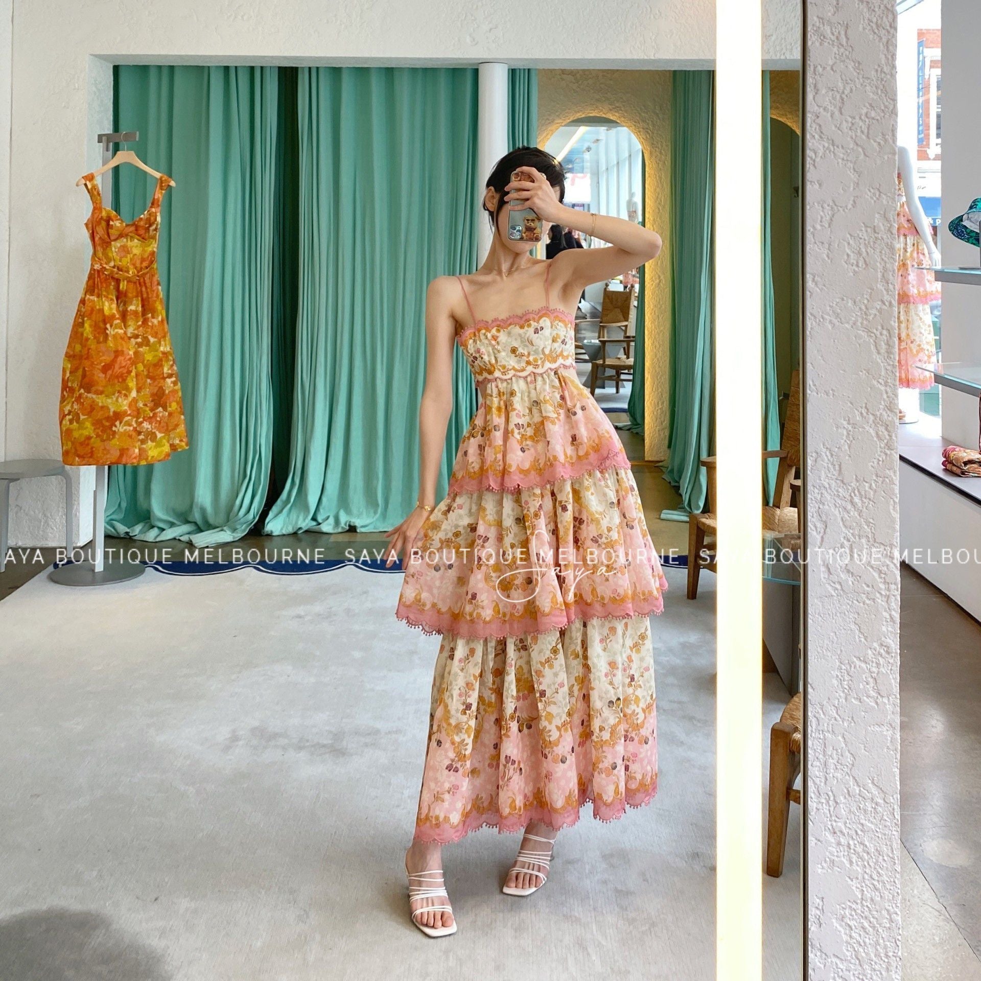 Laurel Blossom Flowers Floral Scalloped Pom Trim Tiered Ruffle Midi Dress