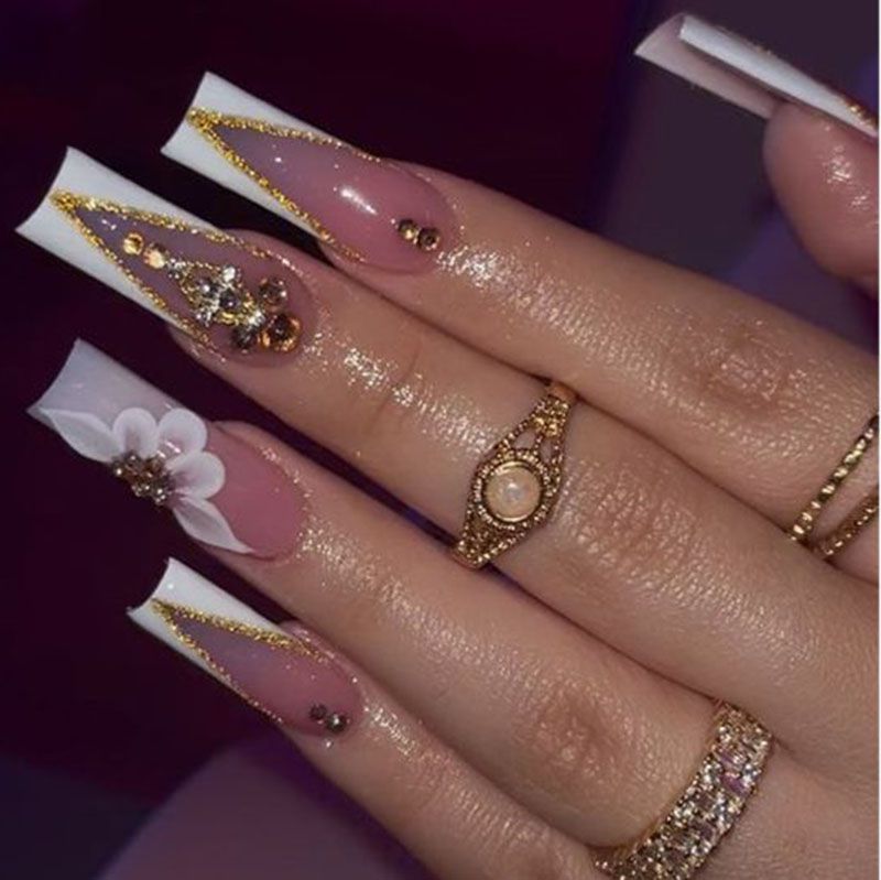 Flower French Tip White Coffin Nails With Design