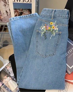 Aesthetic Floral Embroidered Flowers Pocket Jeans Casual Denim Pants