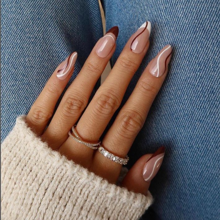 Stripes French Tip Short Pointy Almond Nails