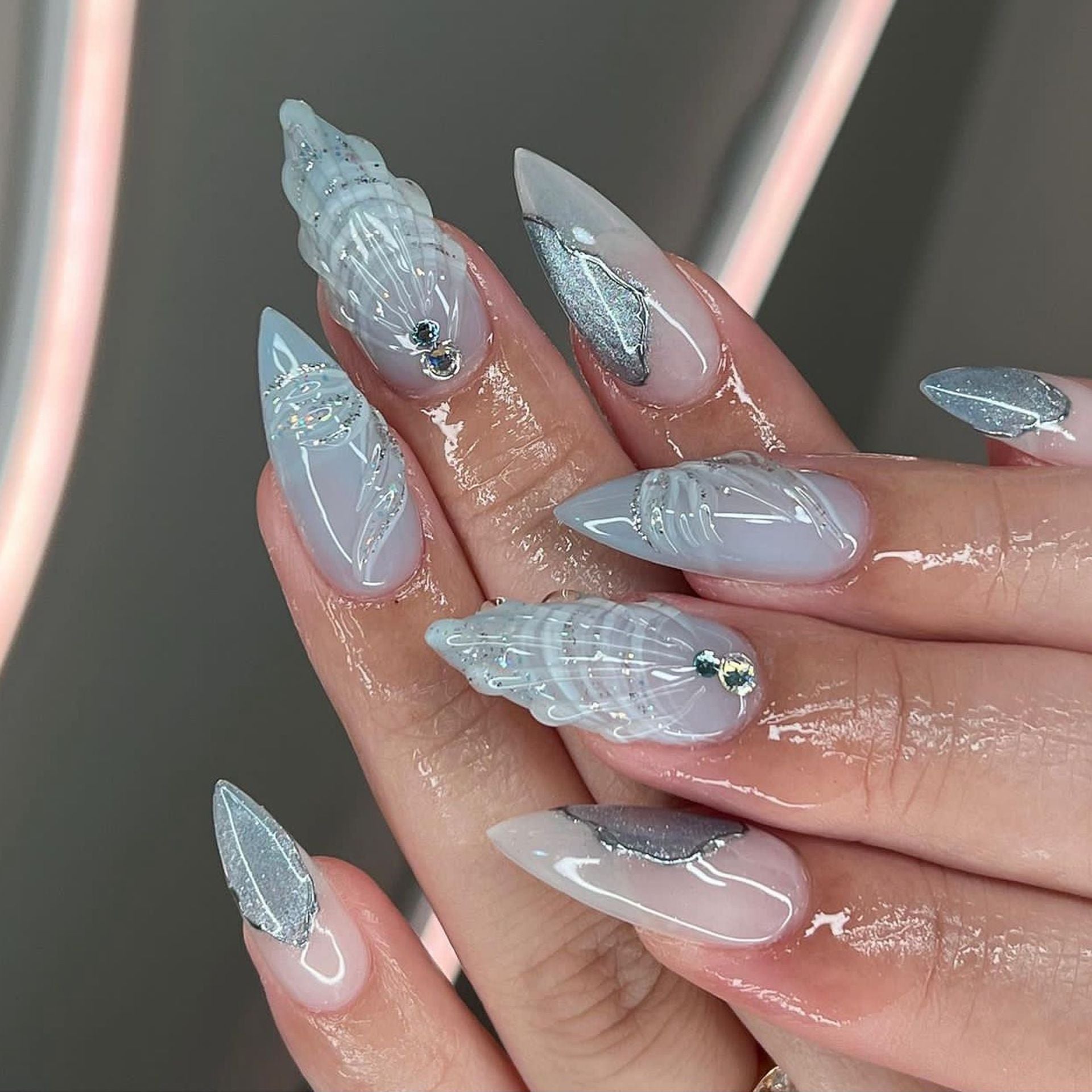 3D Seashell Beach Vacation Pointy Nails