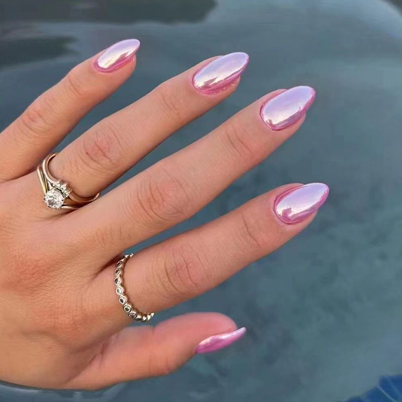 Barbie Pink Chrome Short Almond Nail