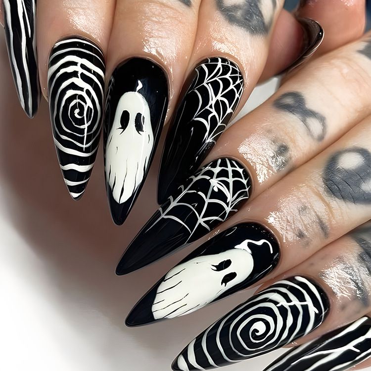 Gothic Black Spider Web Ghostface Stiletto Nails