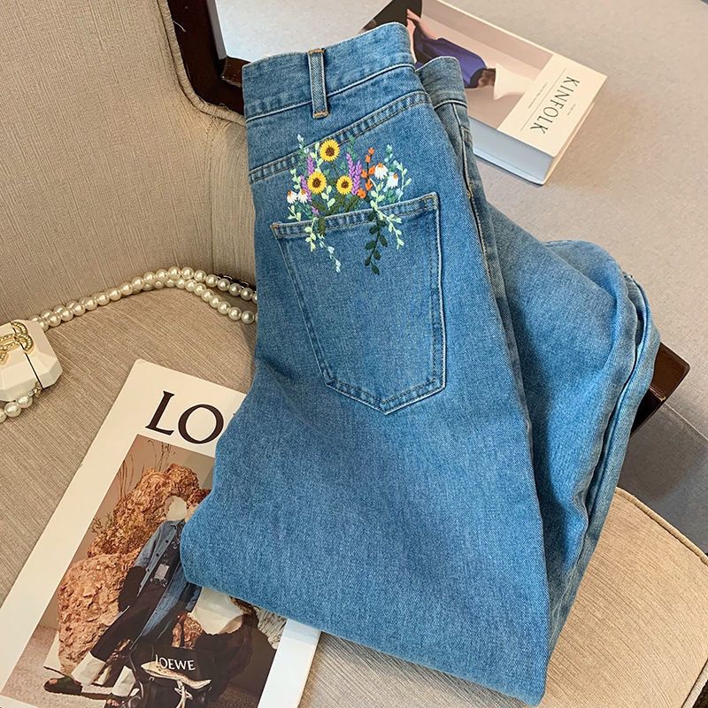 Aesthetic Floral Embroidered Flowers Pocket Jeans Casual Denim Pants