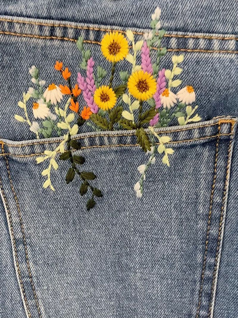 Aesthetic Floral Embroidered Flowers Pocket Jeans Casual Denim Pants