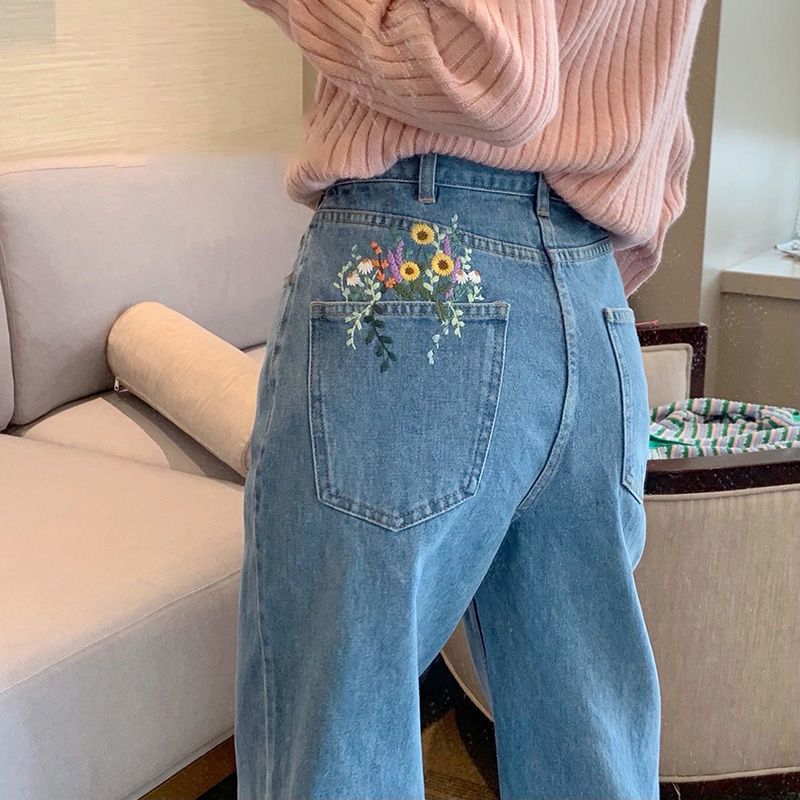 Aesthetic Floral Embroidered Flowers Pocket Jeans Casual Denim Pants