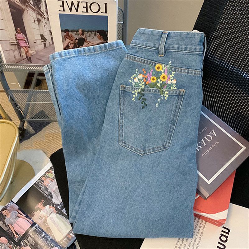 Aesthetic Floral Embroidered Flowers Pocket Jeans Casual Denim Pants