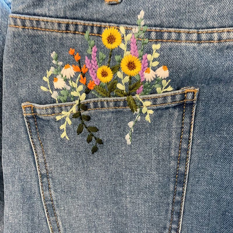 Aesthetic Floral Embroidered Flowers Pocket Jeans Casual Denim Pants