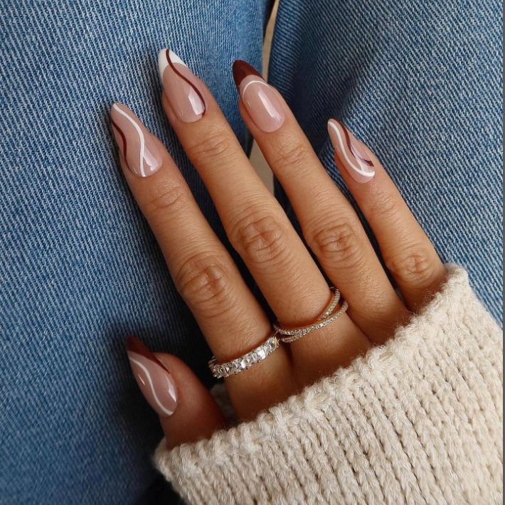 Stripes French Tip Short Pointy Almond Nails