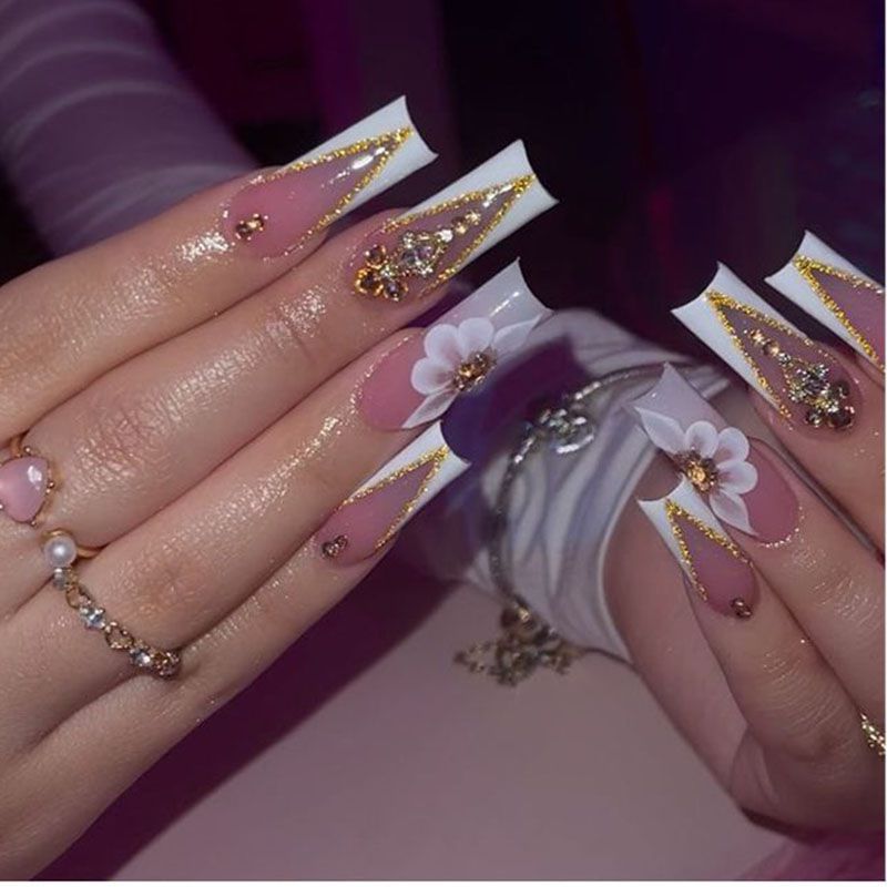 Flower French Tip White Coffin Nails With Design