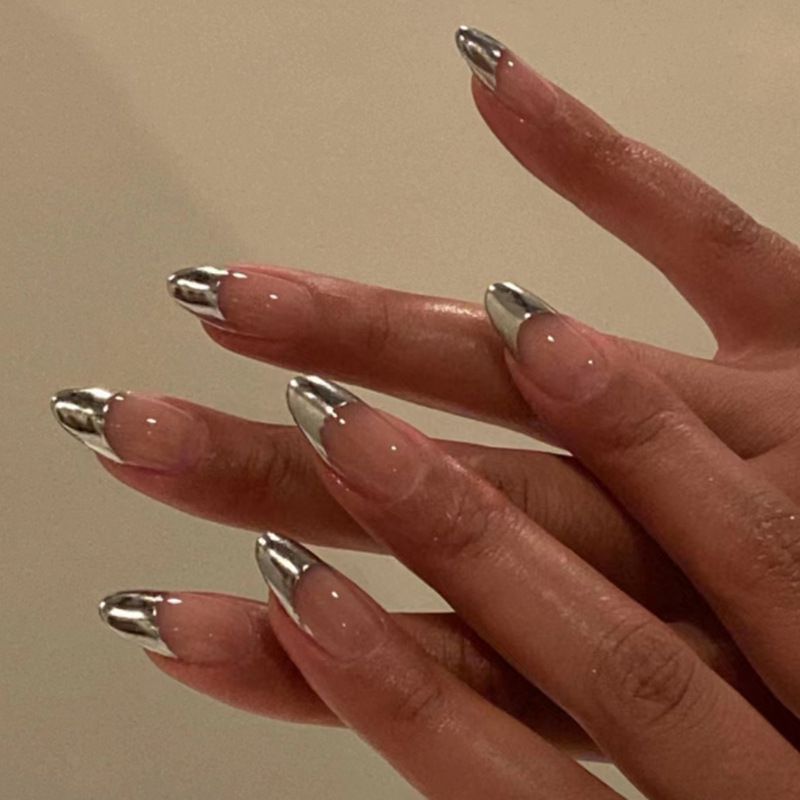 Silver French Tip Almond Nails