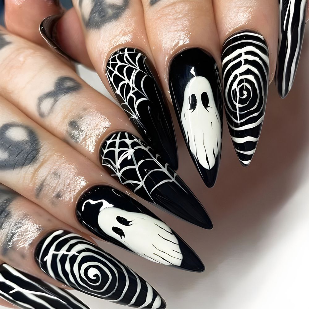 Gothic Black Spider Web Ghostface Stiletto Nails