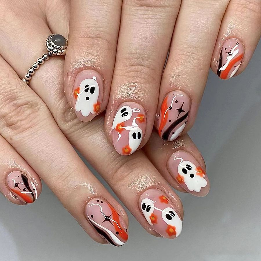 Cute Halloween Ghost Face Almond Nail