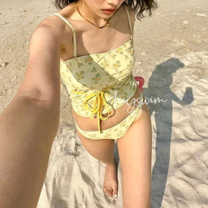 Ditsy Floral Longline Bandeau Bikini Top And Bottom Swimsuit
