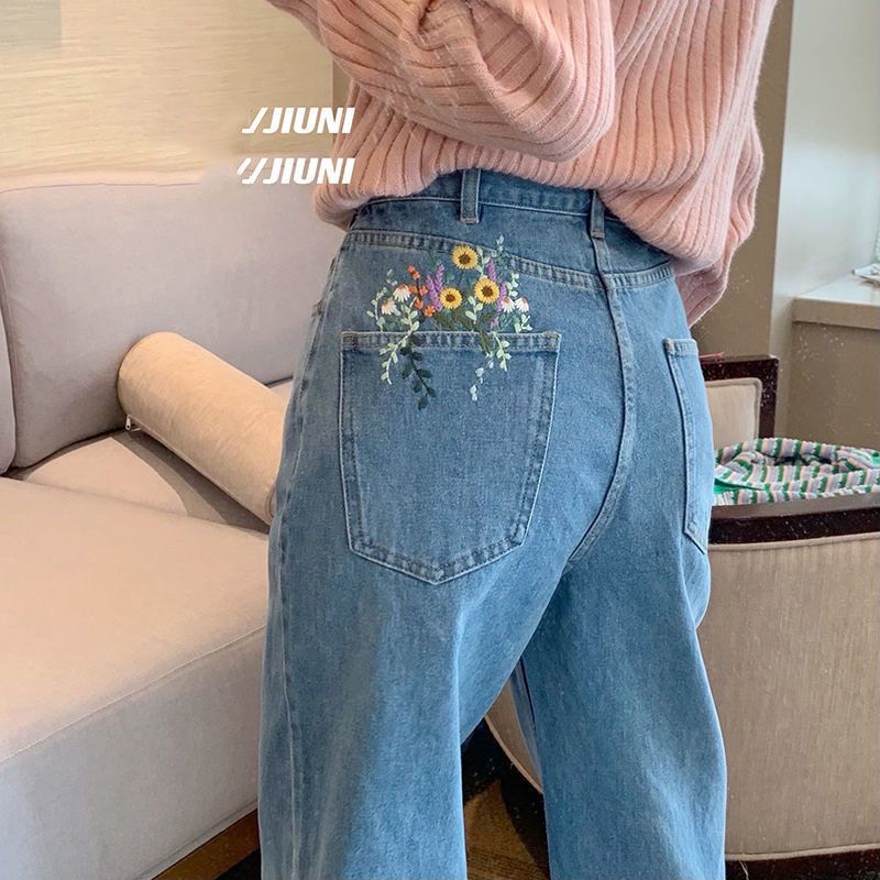 Aesthetic Floral Embroidered Flowers Pocket Jeans Casual Denim Pants