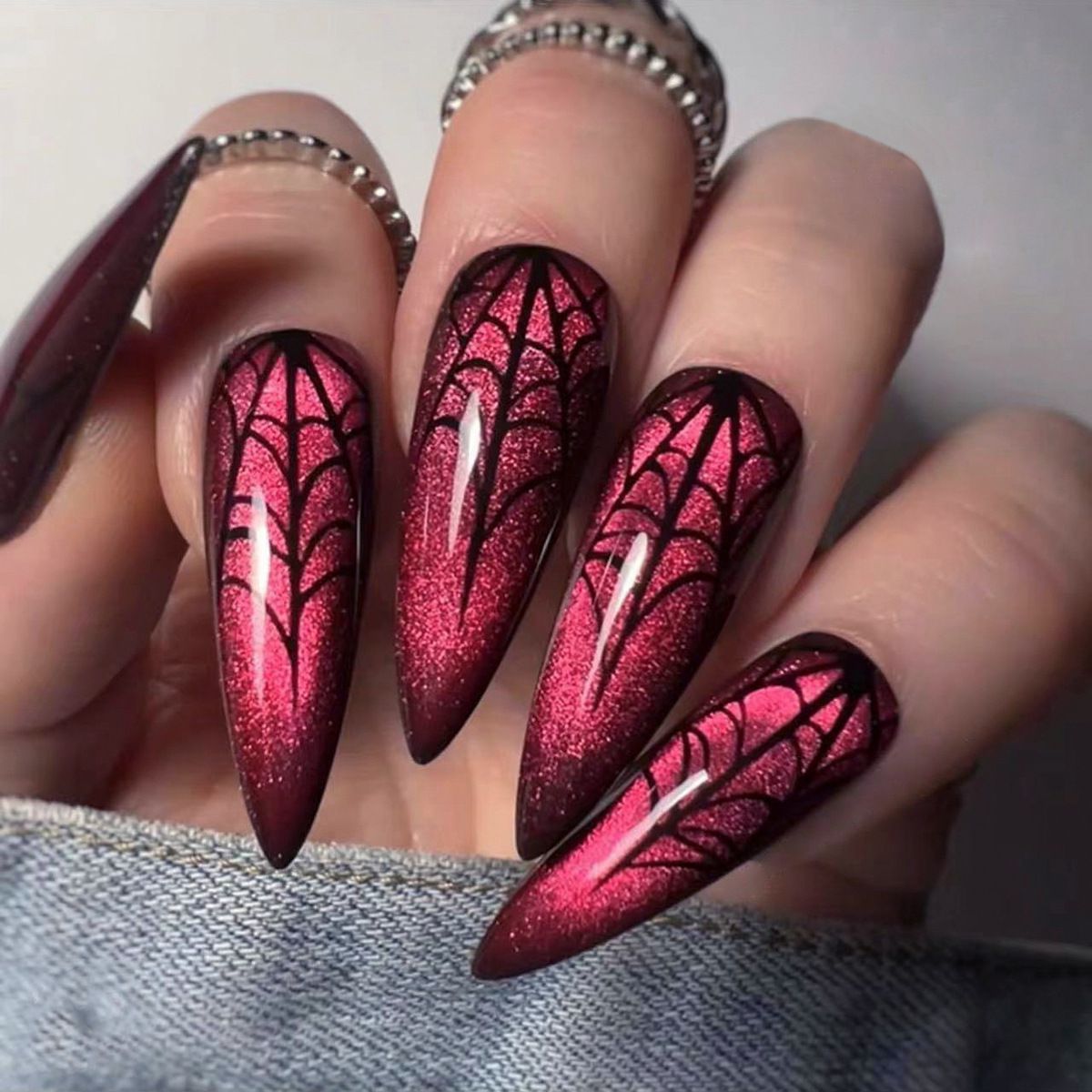 Halloween Gothic Pointy Spider Web Nails