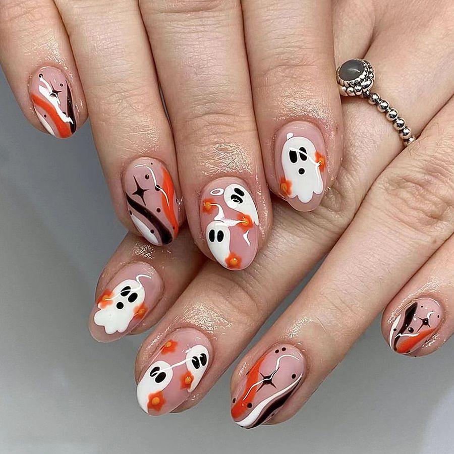 Cute Halloween Ghost Face Almond Nail