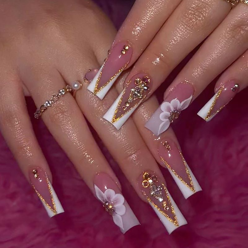 Flower French Tip White Coffin Nails With Design