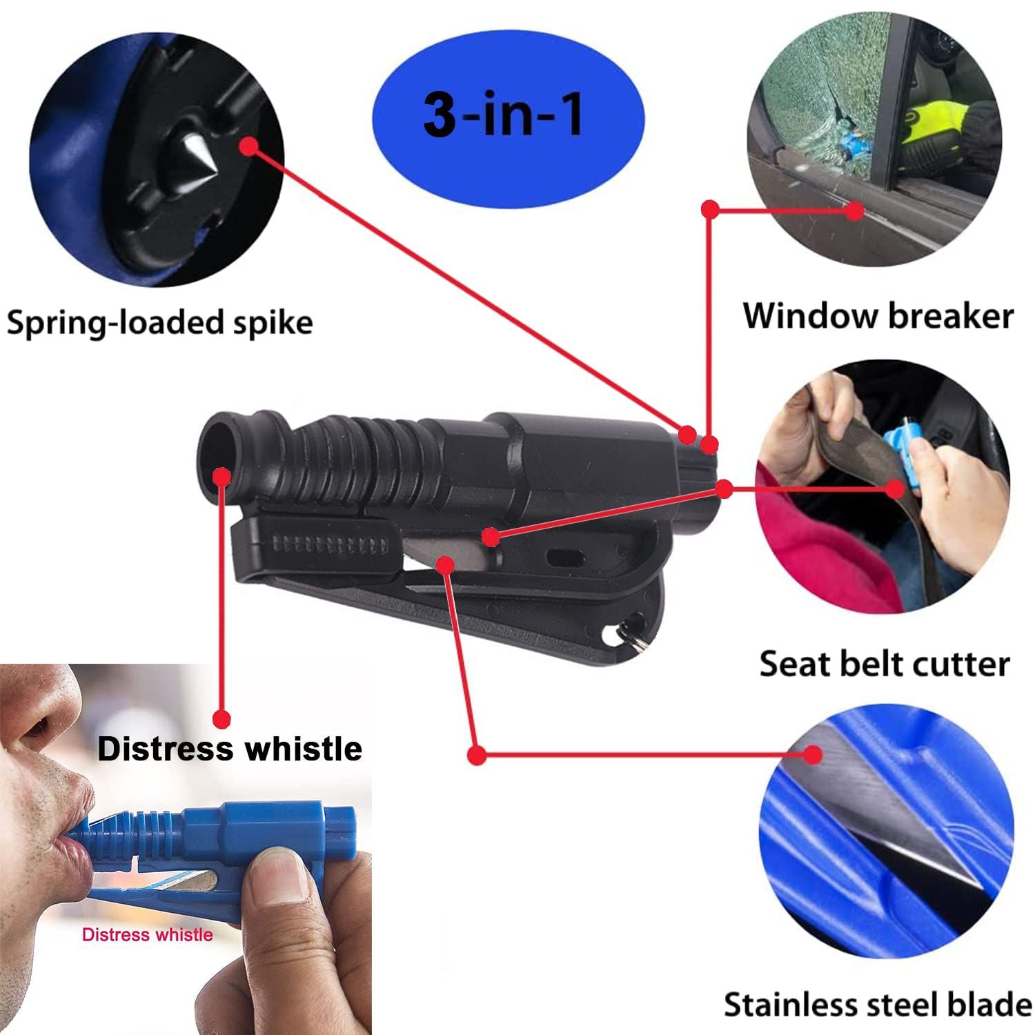 Emergency Car Window Glass Breaker 3 in 1 seatbelt cutter Rescue whistle emergency keychain tool