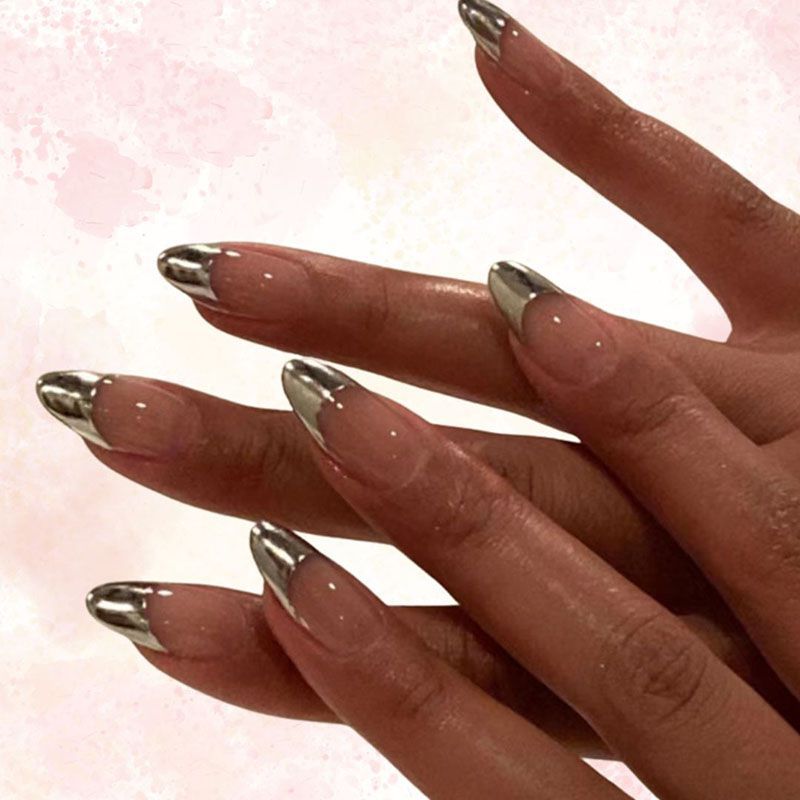 Silver French Tip Almond Nails