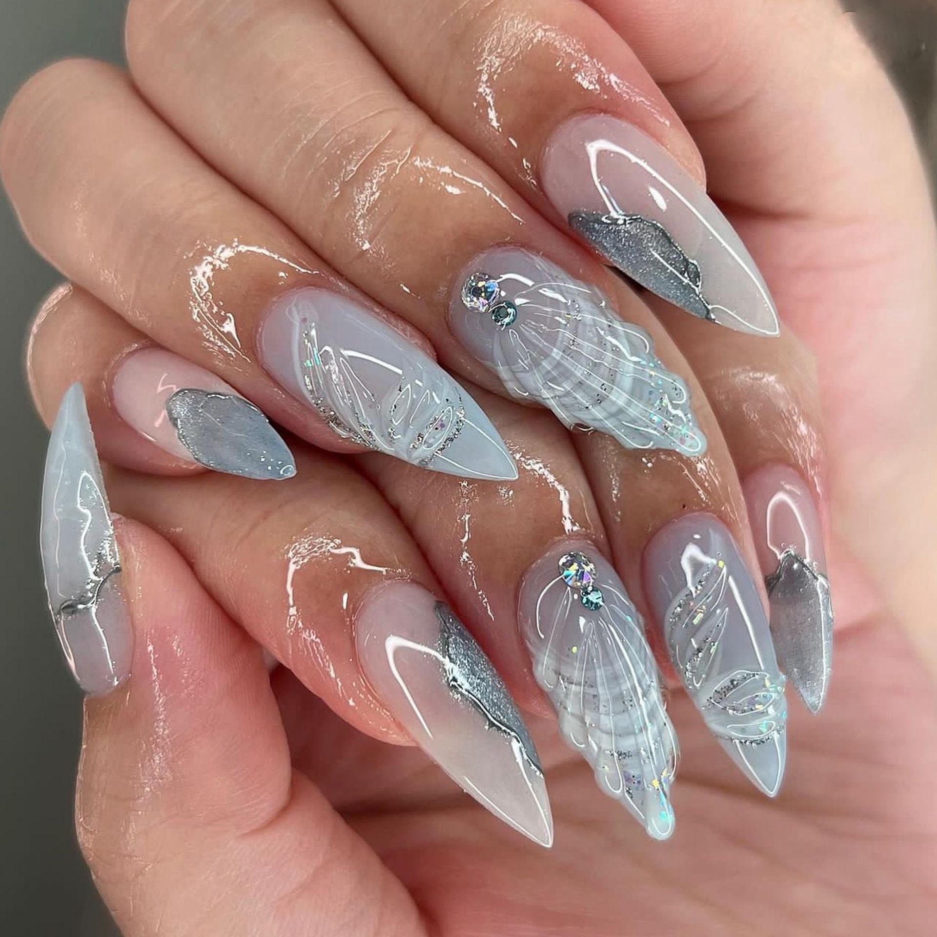 3D Seashell Beach Vacation Pointy Nails