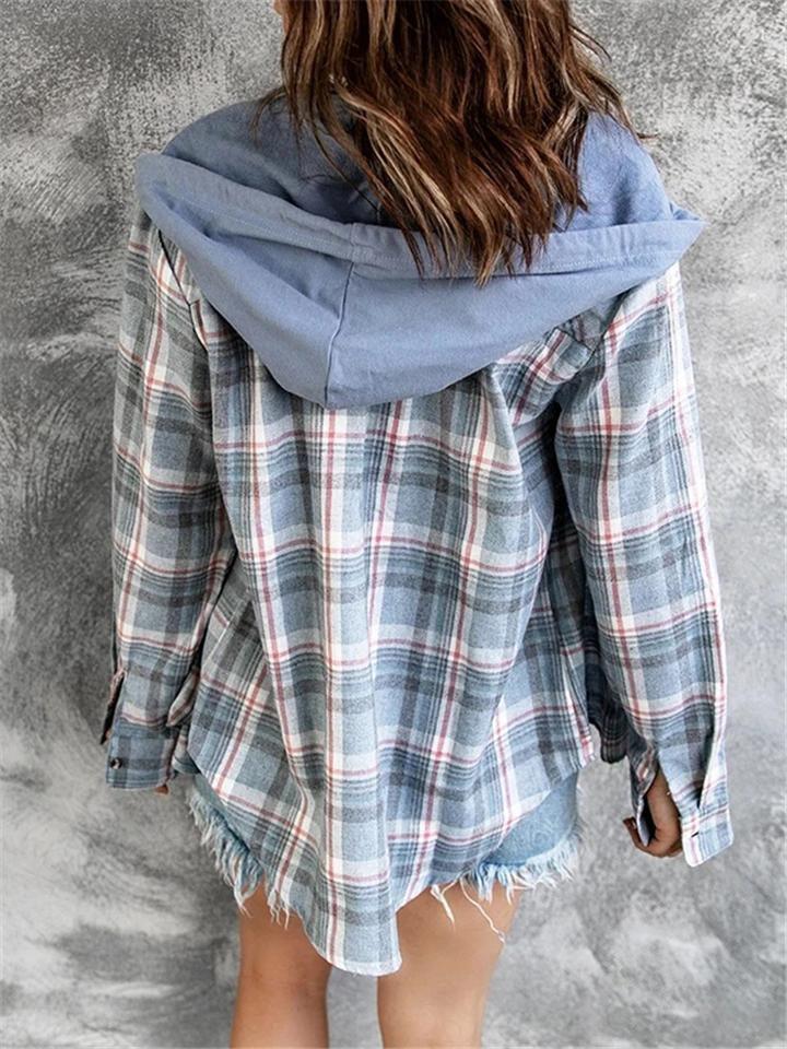 Oversizd Fit Button Up Hoodies Casual Multi Colored Hooded Flannel Shirt on sale - SOUISEE