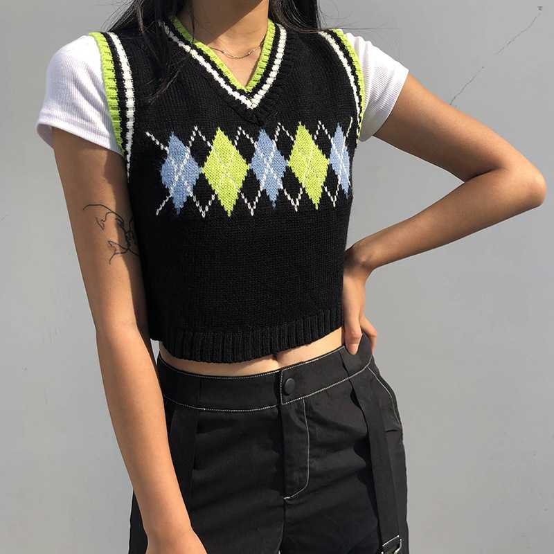 Checkered Cropped Knitted Tank Argyle Sleeveless Jumper on sale - SOUISEE