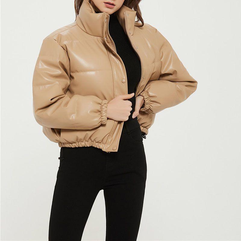 Water Repellent Faux Leather Cotton Padded Waxed Puffer Jacket on sale - SOUISEE