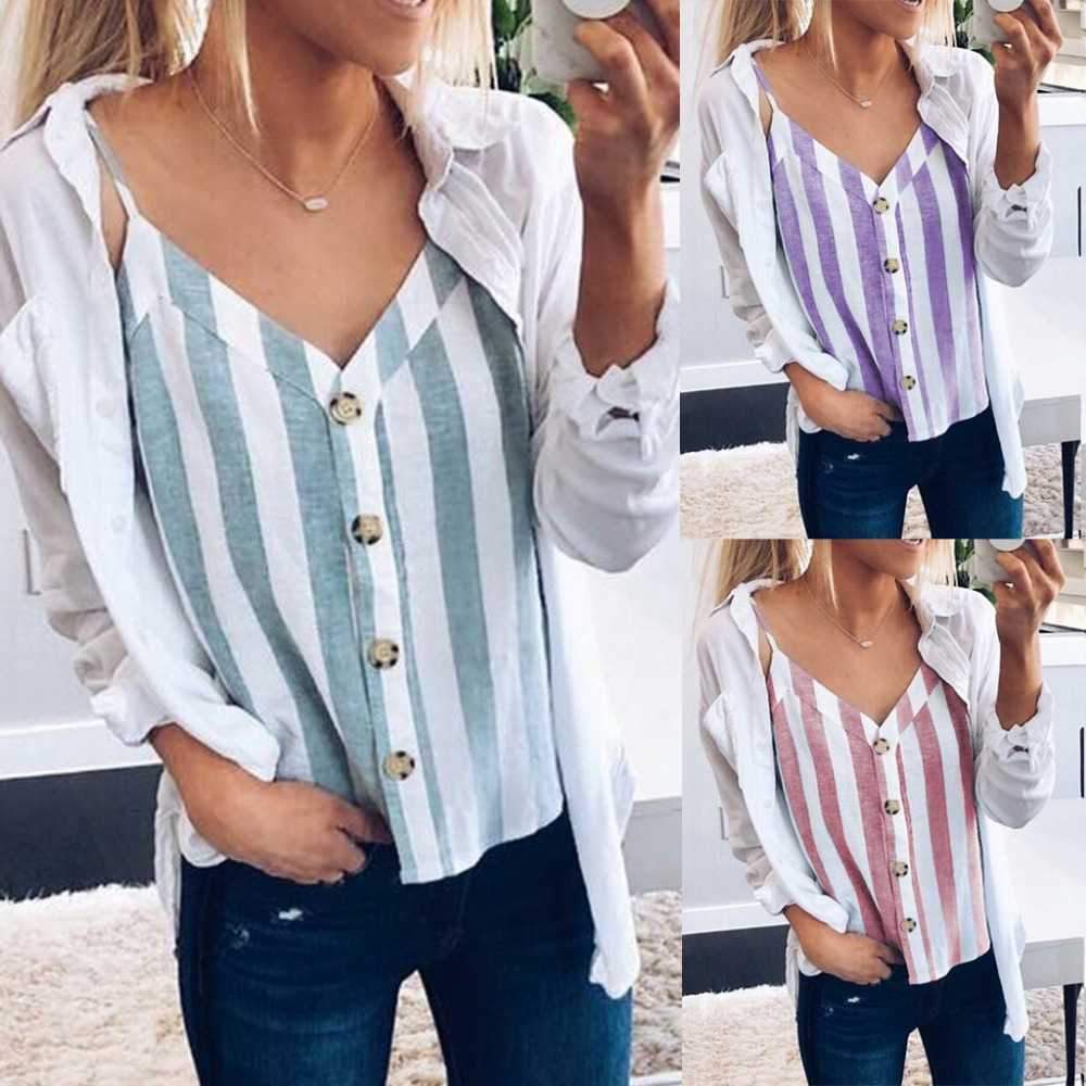 Patchwork Striped V Neck Button Up Cami Top on sale - SOUISEE