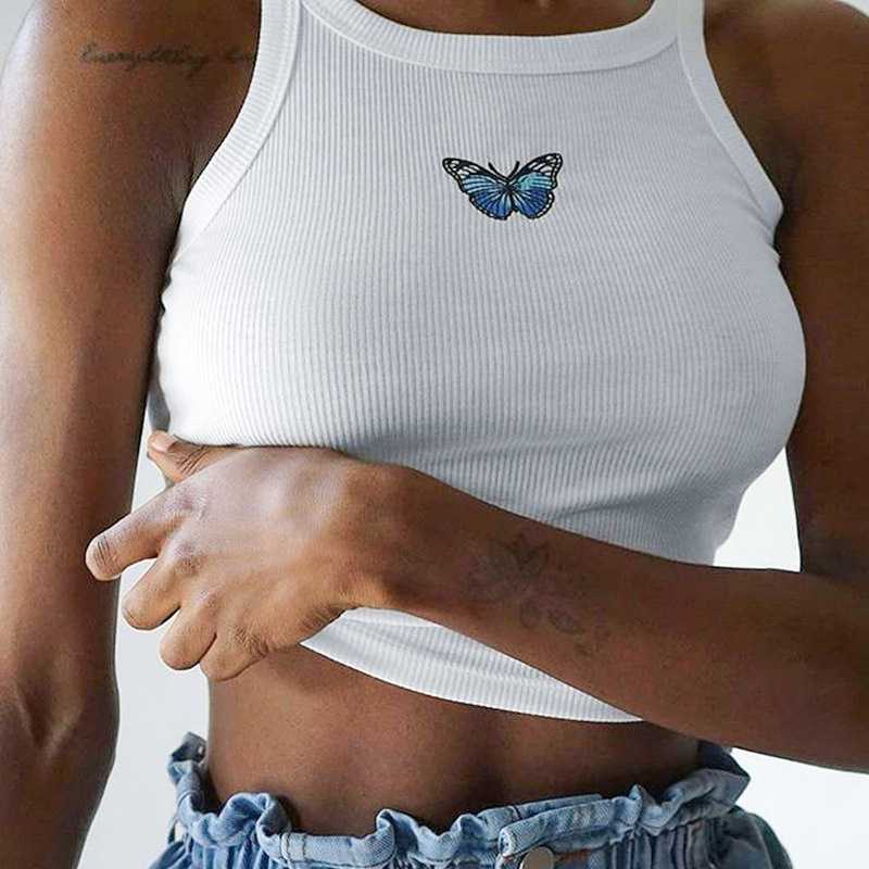 Butterfly Embroidered Ribbed Cotton Workout Tank Crop Top on sale - SOUISEE