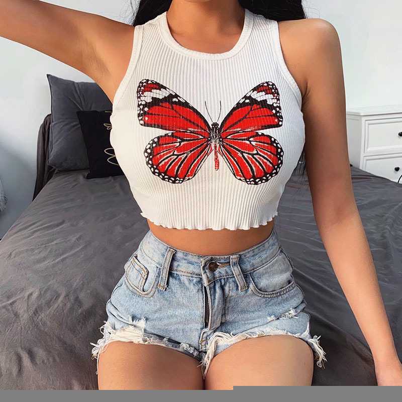 Butterfly Embroidered Ribbed Cotton Workout Tank Crop Top on sale - SOUISEE