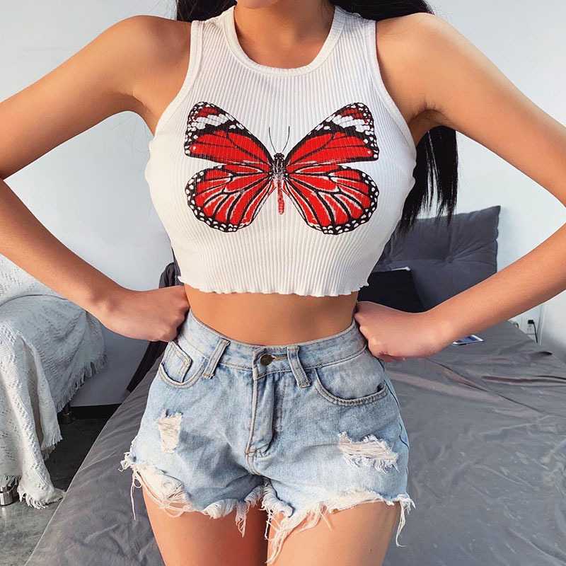 Butterfly Embroidered Ribbed Cotton Workout Tank Crop Top on sale - SOUISEE