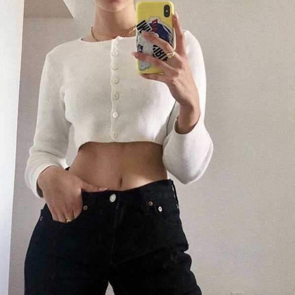 Long Sleeve Button Down Crop Top Knit Shirt For 90s on sale - SOUISEE