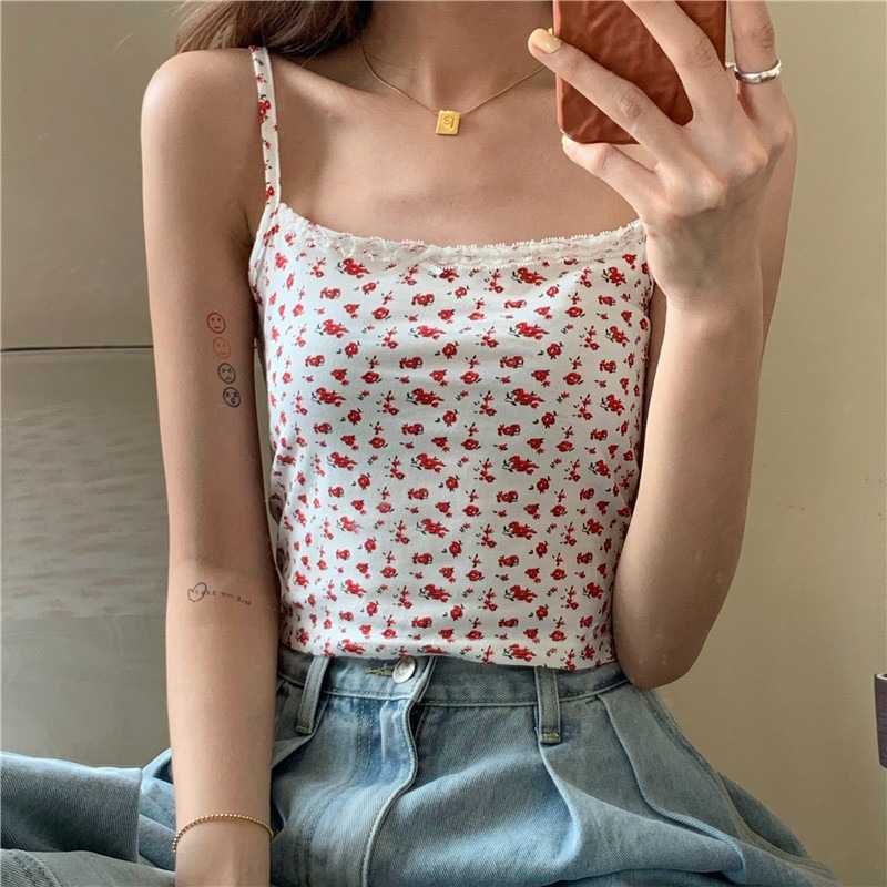 Ribbed Floral Prints Knit Cropped Cami Tops Lace Trim Tank on sale - SOUISEE