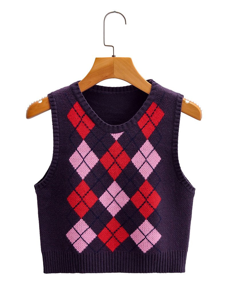 Checkered Cropped Knitted Tank Argyle Sleeveless Jumper on sale - SOUISEE