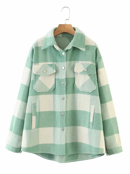 Classic Thick Colorblock Checked Button Down Woolen Shirt Jacket on sale - SOUISEE