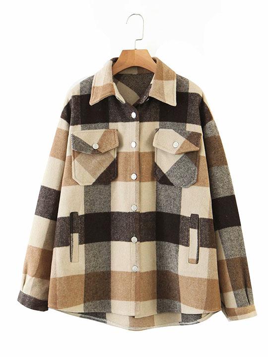 Classic Thick Colorblock Checked Button Down Woolen Shirt Jacket on sale - SOUISEE