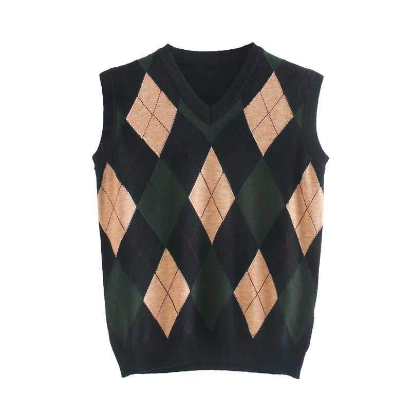 Checkered Cropped Knitted Tank Argyle Sleeveless Jumper on sale - SOUISEE