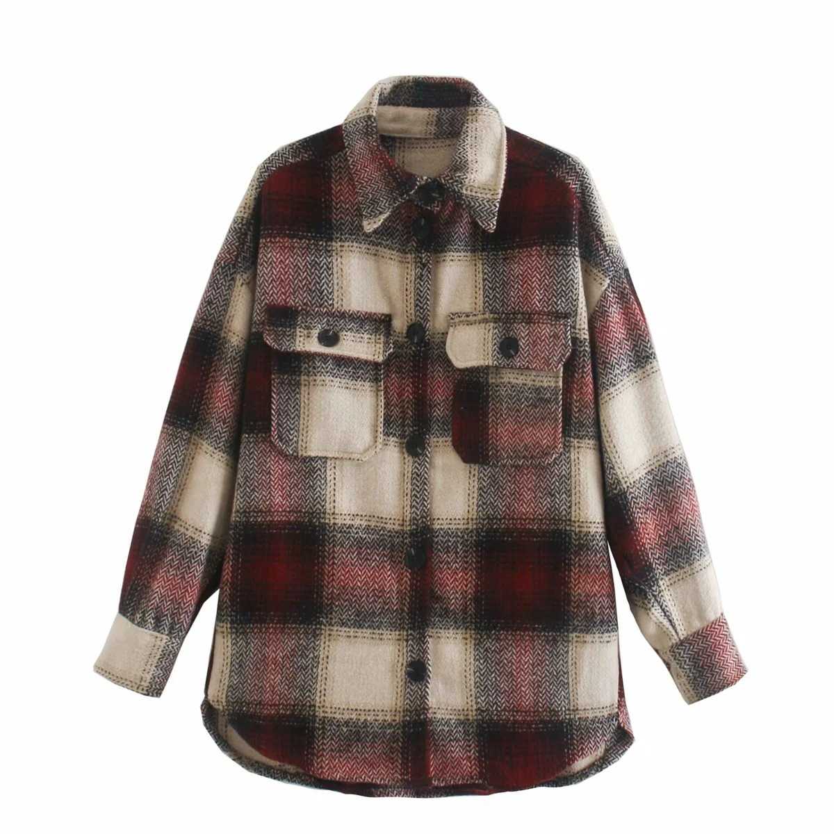 Classic Thick Colorblock Checked Button Down Woolen Shirt Jacket on sale - SOUISEE