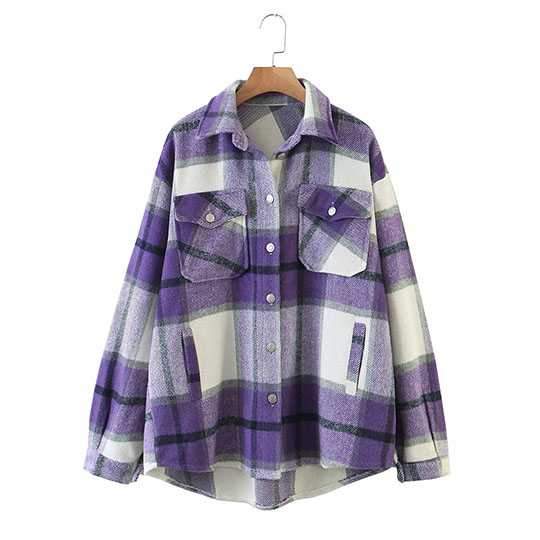 Classic Thick Colorblock Checked Button Down Woolen Shirt Jacket on sale - SOUISEE