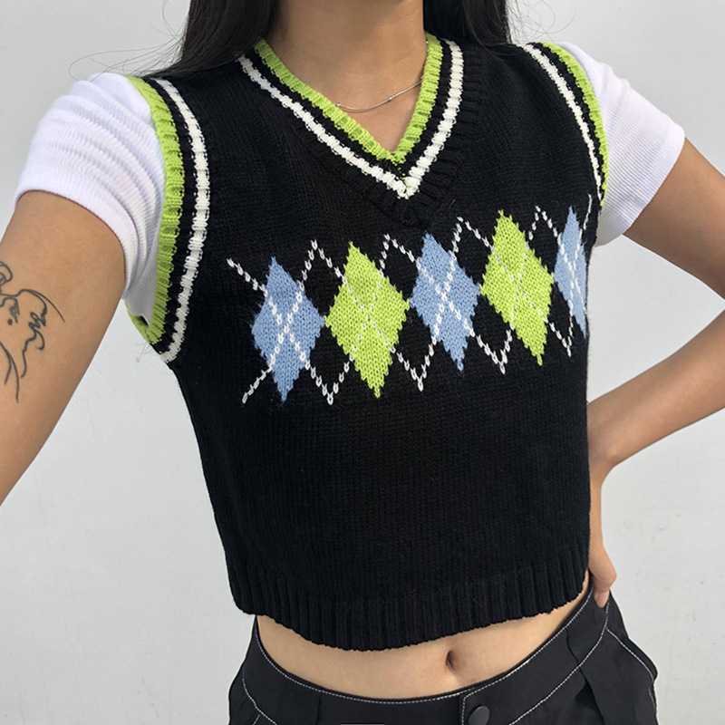 Checkered Cropped Knitted Tank Argyle Sleeveless Jumper on sale - SOUISEE