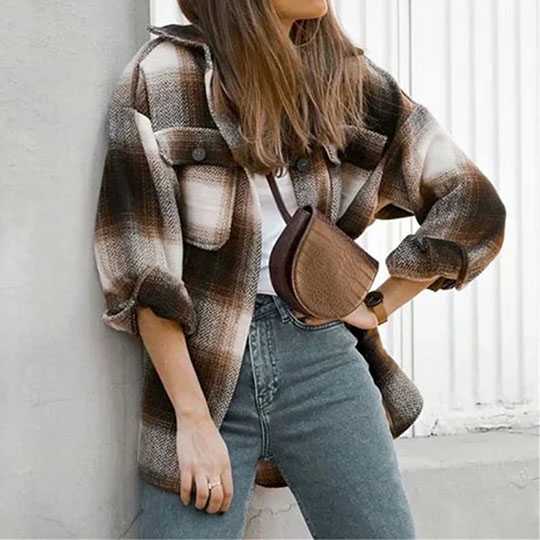 Classic Thick Colorblock Checked Button Down Woolen Shirt Jacket on sale - SOUISEE