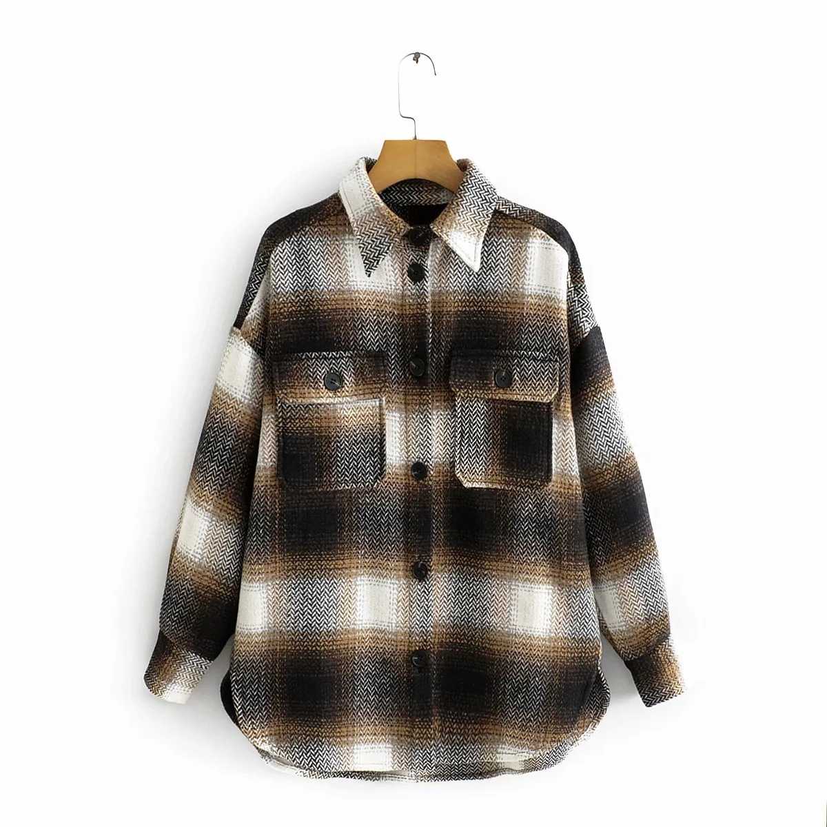 Classic Thick Colorblock Checked Button Down Woolen Shirt Jacket on sale - SOUISEE