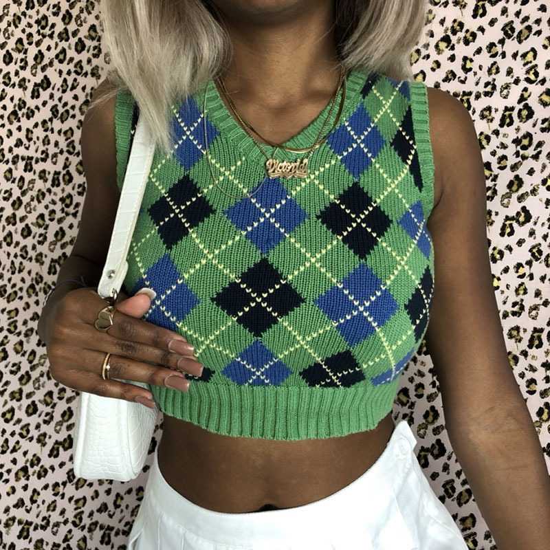 Checkered Cropped Knitted Tank Argyle Sleeveless Jumper on sale - SOUISEE