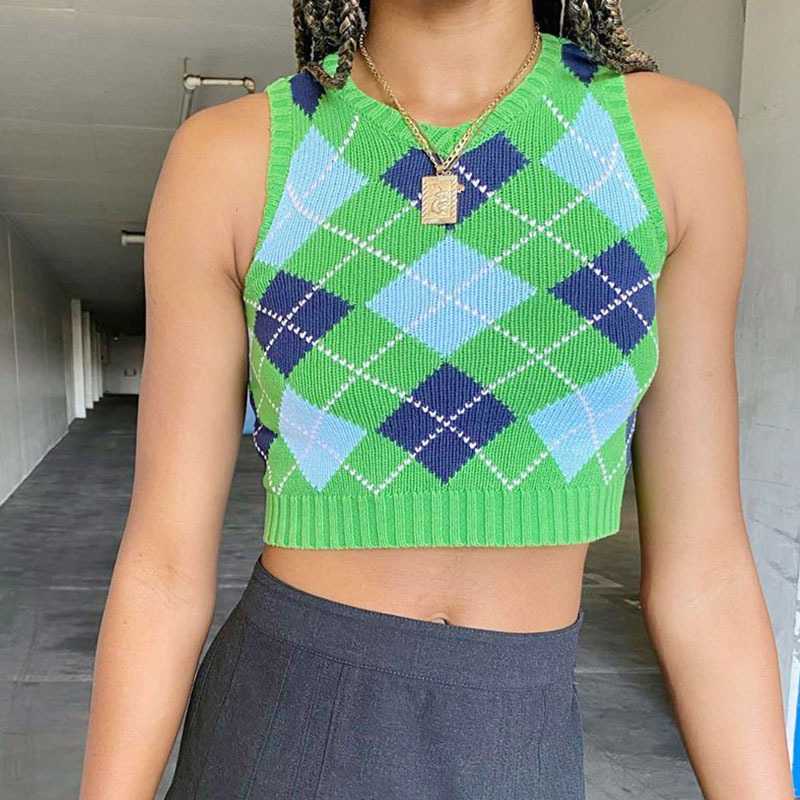 Checkered Cropped Knitted Tank Argyle Sleeveless Jumper on sale - SOUISEE